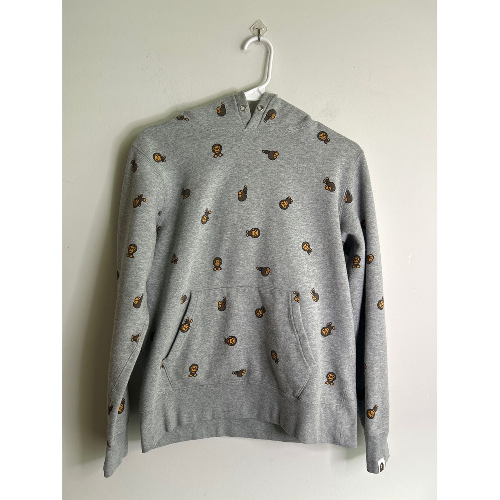BAPE Grey 2016 Baby Milo All Over Monogram Print Pullover Hoodie Mens Size M
